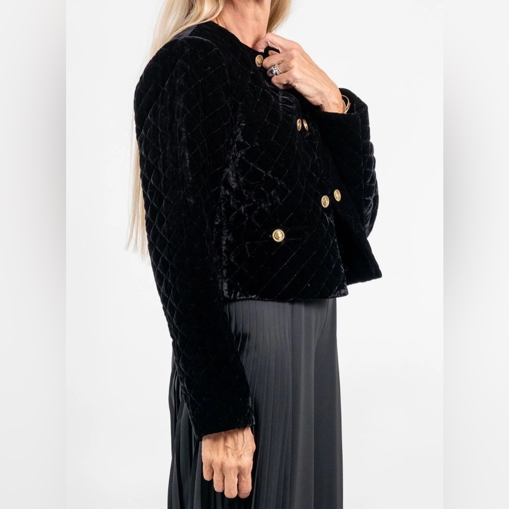 Twinset Italian Black Quilted Velvet Double-Breasted Jacket with Gold Buttons